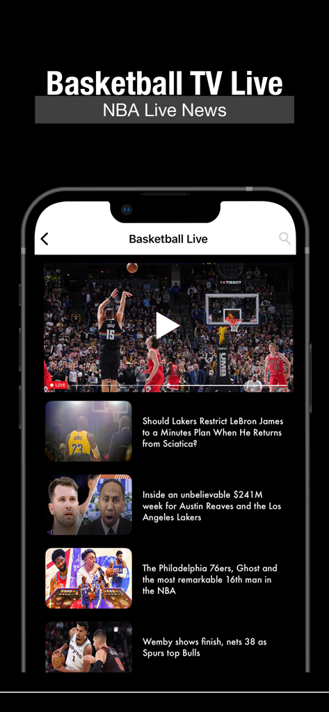 Interfaz móvil de la aplicación Basketball TV Live mostrando highlights de juegos de la NBA y titulares de noticias