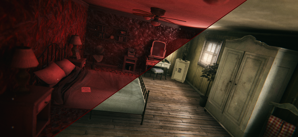 Death Park 2: Scary Clown Game - Una vista de pantalla dividida que muestra un dormitorio en transición entre el mundo real y una dimensión de pesadilla con paredes de textura roja en Death Park 2.