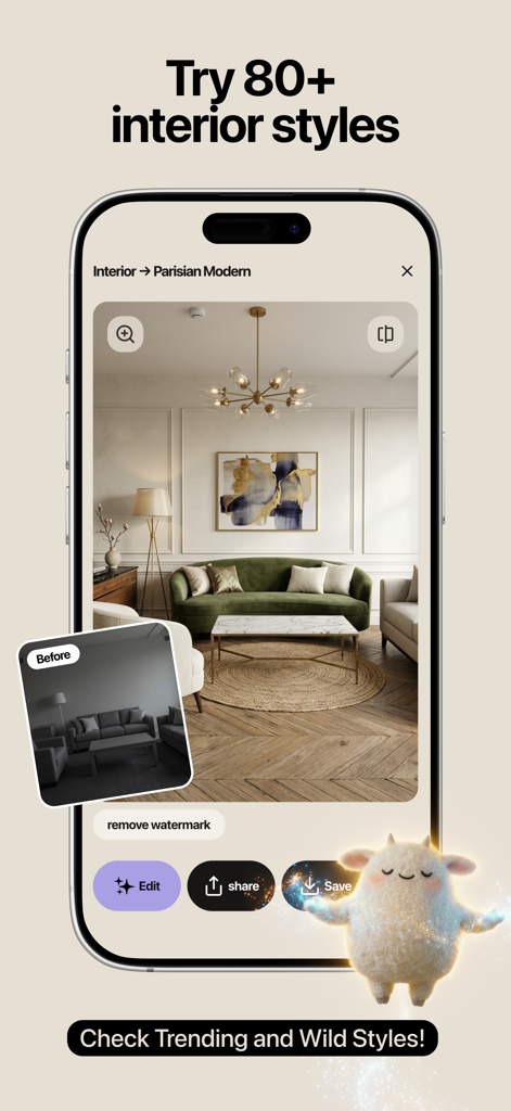 Happy Space - AI Home Design - Happy Space app interface showing an AI interior redesign to Parisian Modern style