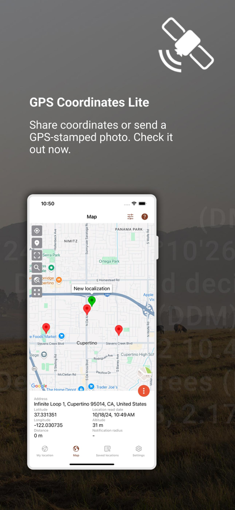 The My GPS Coordinates Lite app displaying a map of Cupertino with multiple location pins and raw spatial data including latitude longitude and altitude