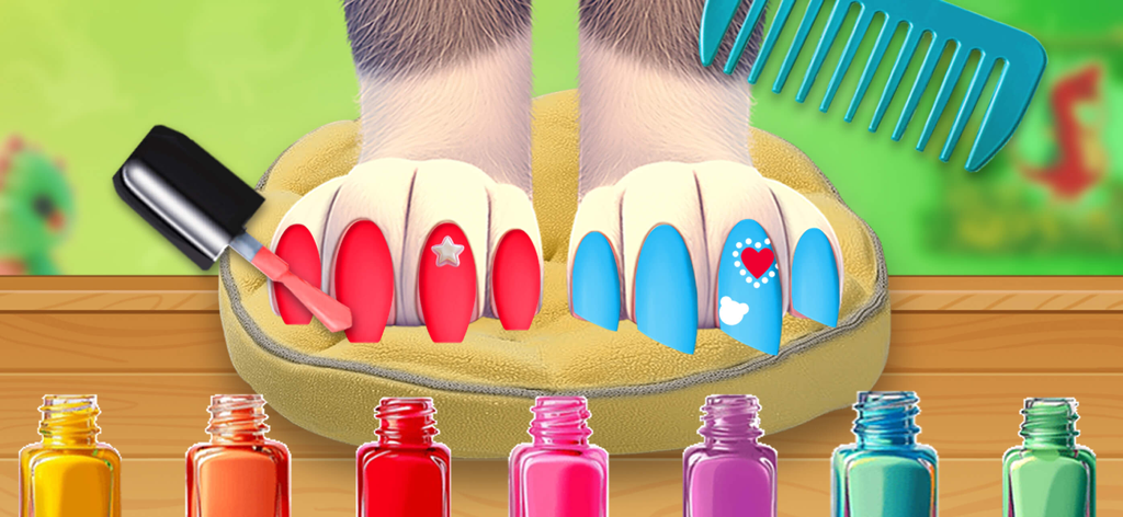A colorful nail salon mini game for kids showing pet paws being painted with vibrant nail polish