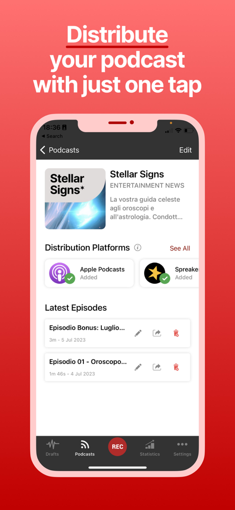 Interfaz que muestra la distribución de podcasts a plataformas como Apple Podcasts y la gestión de episodios