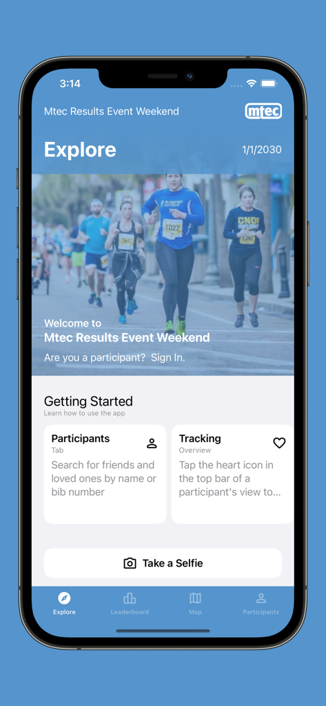 Mtec Results mobile app home screen for race events showing tracking and participant search