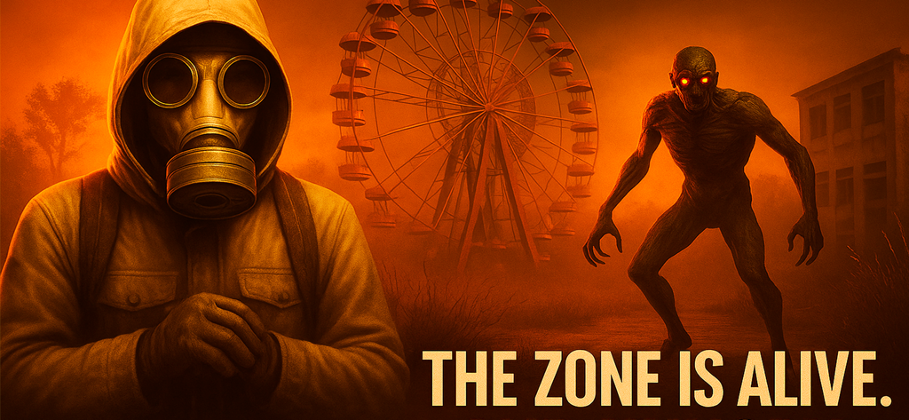 Chernobyl Legacy: Mutant Agent - 가스 마스크를 쓴 인물과 붉은 눈이 빛나는 돌연변이 생명체가 주황색 하늘 아래 프라이피야트 관람차 앞에 서 있습니다.