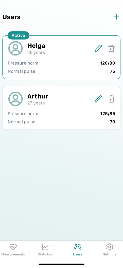 Blood Pressure Log - BPJournal - The Users management screen in the BPJournal app showing separate health profiles for tracking family blood pressure data.