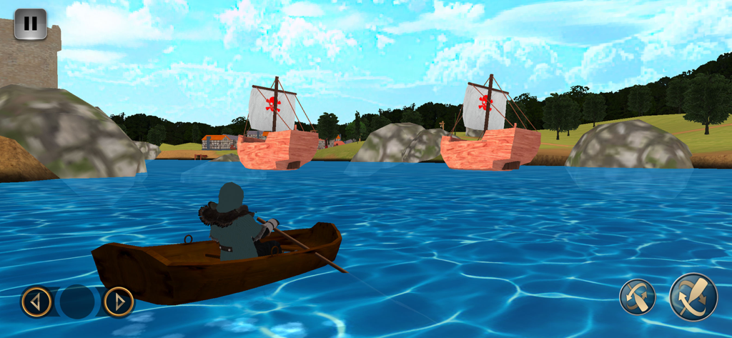 Shadow RPG Fighting Games - Un personaje encapuchado remando un bote de madera hacia barcos piratas en el mar en un juego de aventura RPG.