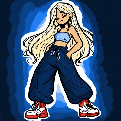 girl in baggy pants crop top and long hair