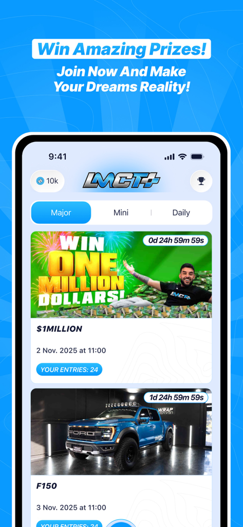LMCT+ - LMCT+ mobile app screen displaying major giveaways for one million dollars and a Ford F150 truck