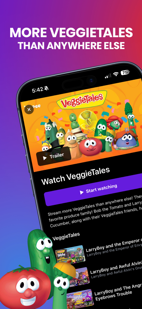 Yippee TV: Christian Kids App - Yippee TV app screen featuring the VeggieTales show page with popular characters and a collection of episodes for streaming.
