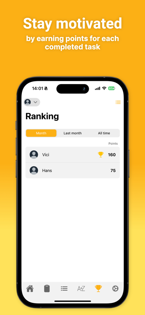 Sweepster - Sweepster app ranking screen showing household members earning points for cleaning tasks