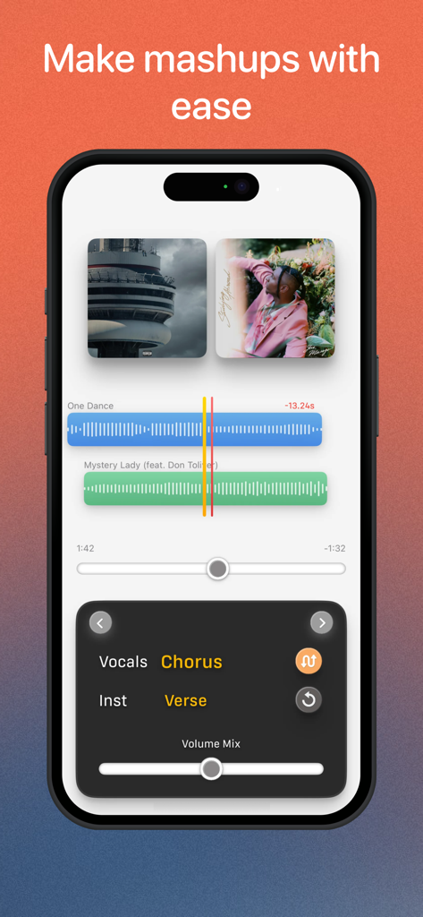 Alinea Music - Pantalla de la aplicación Alinea Music mostrando un editor de mashup con formas de onda de dos canciones y controles de mezcla de volumen