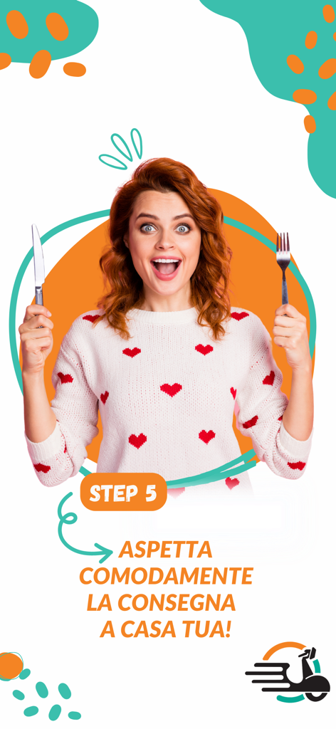 A happy woman holding a knife and fork waiting for her home delivery