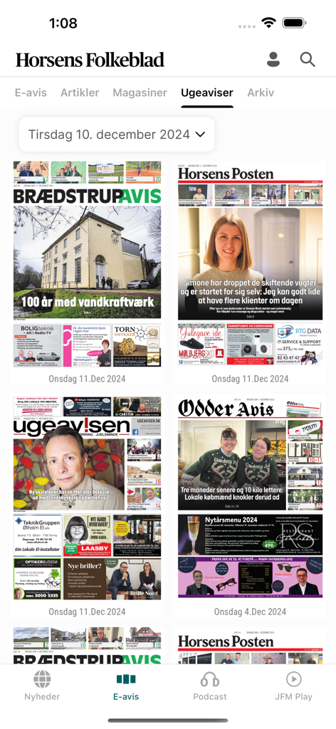 Interface of the Horsens Folkeblad app showing a collection of local Danish weekly newspapers including Horsens Posten and Odder Avis.