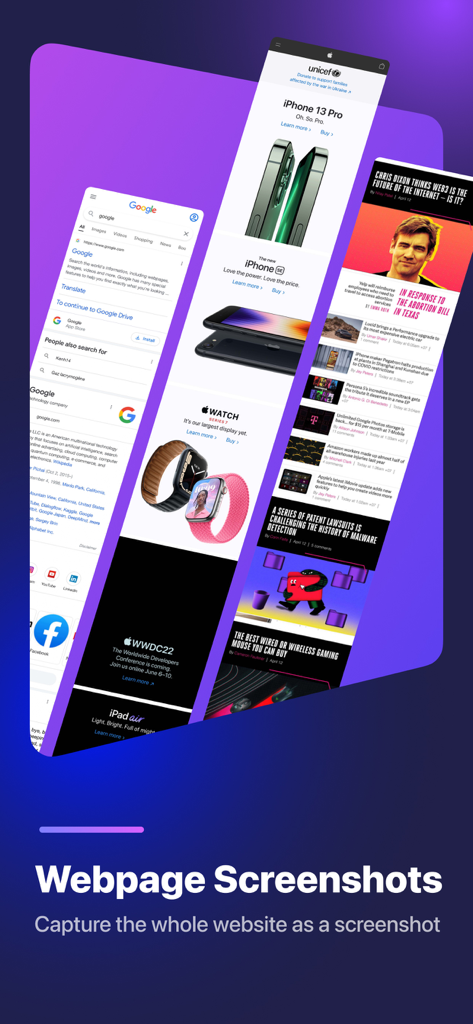 Stitch Photos - A display of full webpage screenshots captured using the Stitch Photos app.