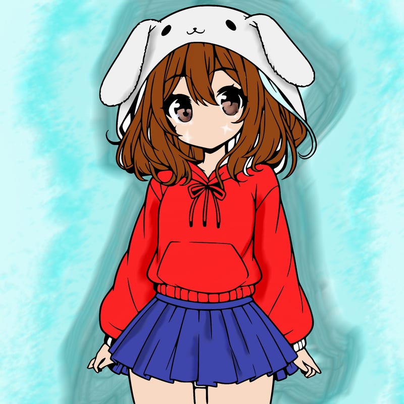 pretty anime girl wearing a fluffy hoodie with bunny ears on the hood and a skirt