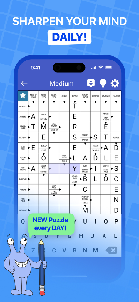 Daily Crossword Puzzles - EN - Interfaccia di un'app mobile che mostra una griglia di cruciverba con l'intestazione Affila la Tua Mente Ogni Giorno