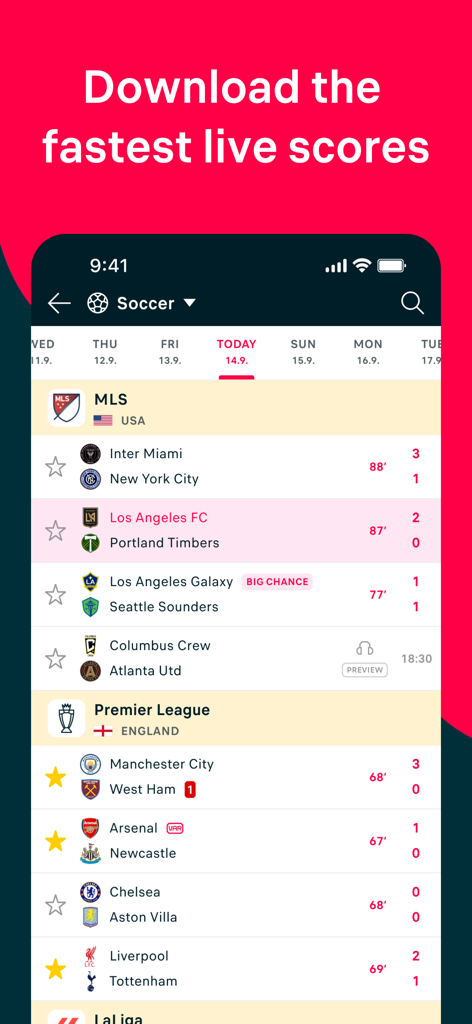 Flashscore app interface showing real time live scores for MLS and Premier League soccer matches