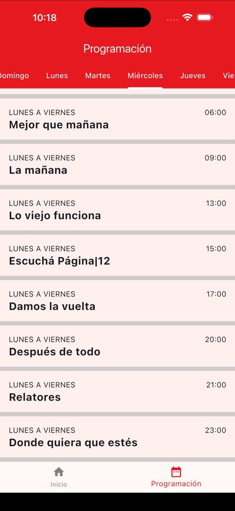 Pantalla de horario semanal de la app Radio 750 mostrando los horarios y títulos de los programas diarios en español.