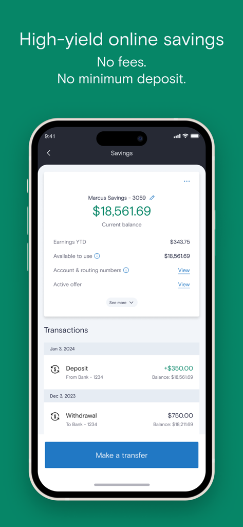 Tela de smartphone do aplicativo Marcus by Goldman Sachs exibindo o saldo da conta de poupança de alto rendimento e transações recentes