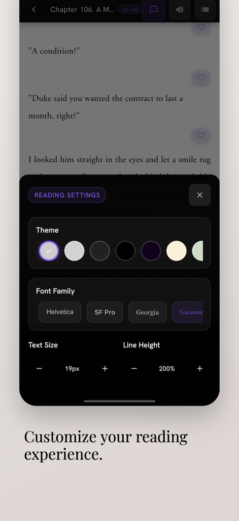 Yoru Studios: Fiction & Audio - User interface of Yoru Studios app showing reading settings for theme, font family, and text size customization