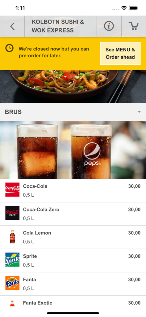 The drinks menu of the Kolbotn Sushi and Wok Express app showing a variety of soda options and a pre-order notification