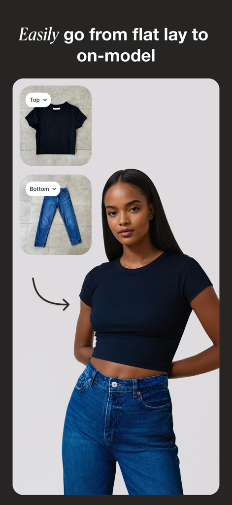 A demonstration of transforming flat lay clothing photos of a black t-shirt and jeans into an AI-generated fashion model wearing the outfit.