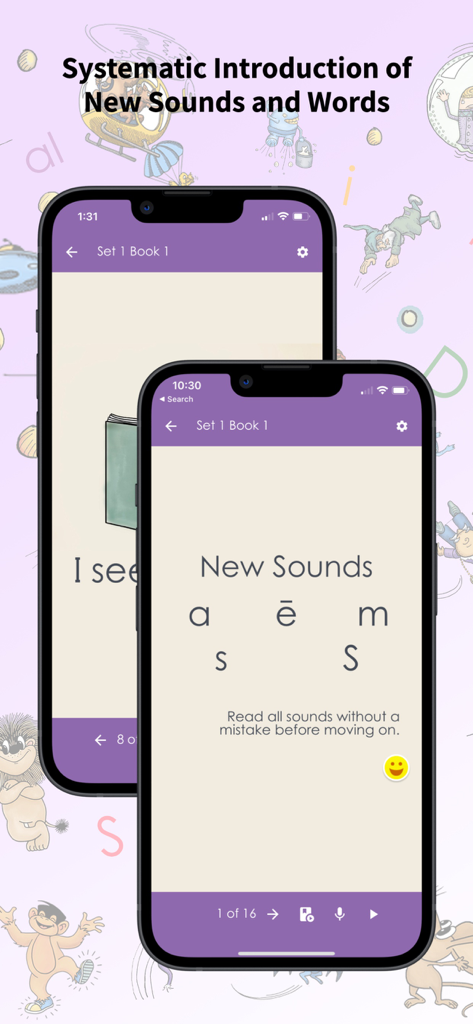 Reading For All Learners 1-8 - Dos pantallas móviles que muestran una lección de fonética sistemática para enseñar nuevos sonidos y palabras a lectores principiantes