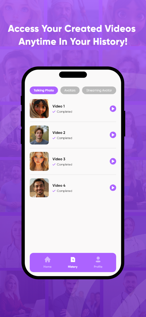 AI Avatar - Face Art Generator - A mobile interface showing a history of completed AI generated talking photo videos in the AI Avatar app.