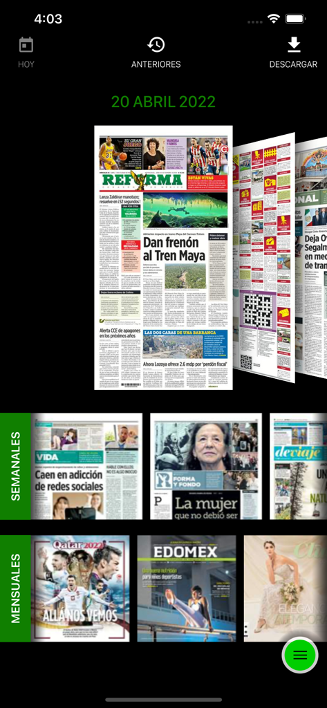 REFORMA (autodescargable) - Interface of the REFORMA app showing the daily digital newspaper edition and sections for weekly and monthly supplements.