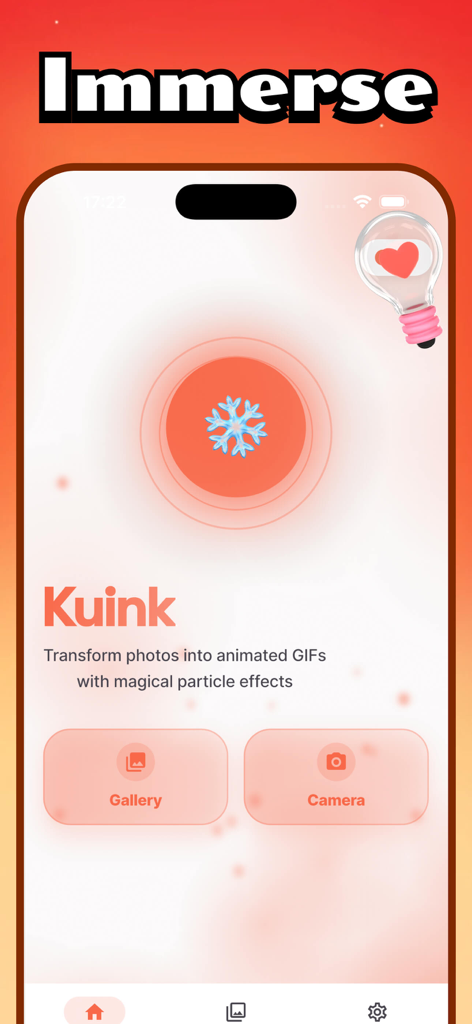 Kuink - Startbildschirm der Kuink-App mit Galerie- und Kamera-Buttons zur Fotoanimation