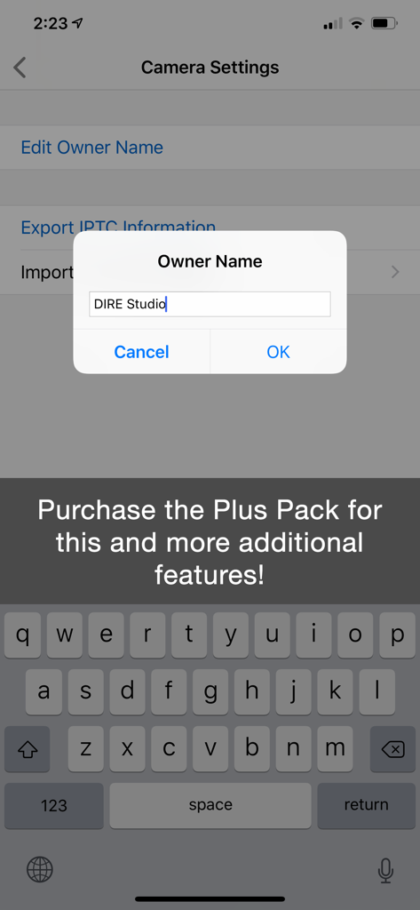 ShutterCount Mobile camera settings screen showing the edit owner name feature
