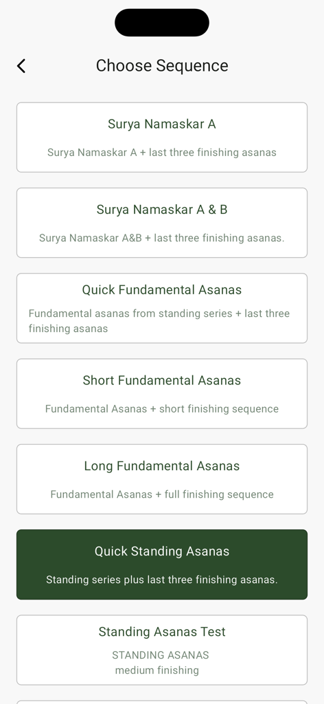 Ashtanga Yoga Home - A menu screen in the app showing various yoga sequence options like Surya Namaskar and Standing Asanas