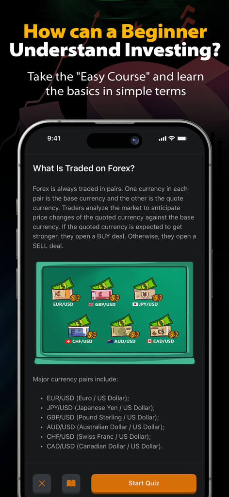 Forex Trading Guide - 일러스트가 포함된 주요 통화 쌍을 설명하는 외환 거래 가이드 앱의 교육 화면