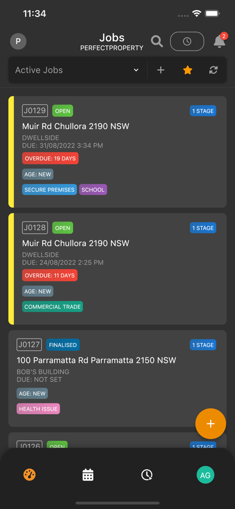 WorkBuddy Manager app screen showing a list of active field service jobs with status labels and overdue alerts