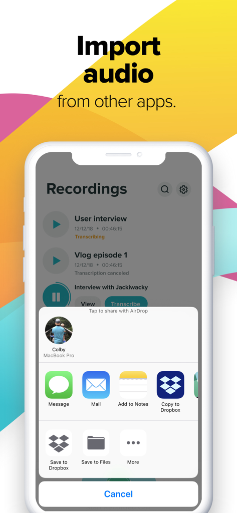 Temi - Recorder & Transcriber - Temi app screen showing how to import audio files from other mobile applications using the iOS share sheet.