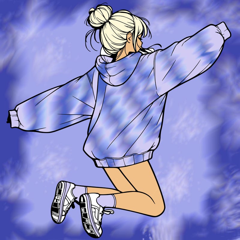 realistic girl jumping with a bun and oversized sweatshirt
