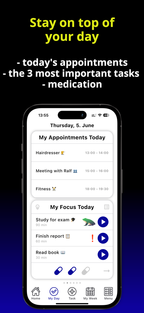 ADHD Easy-Do your ADHD Planner - Mobile app interface showing daily appointments tasks and medication tracking for ADHD management