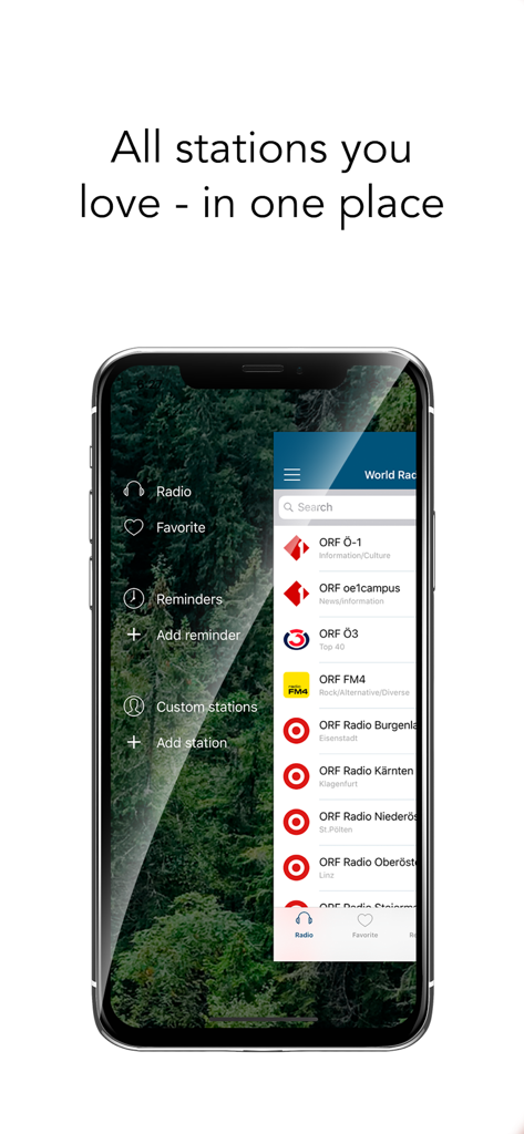 Worldwide radio online - Interfaz de la aplicación Radio mundial en línea mostrando una lista de emisoras de radio internacionales y un menú de navegación lateral.