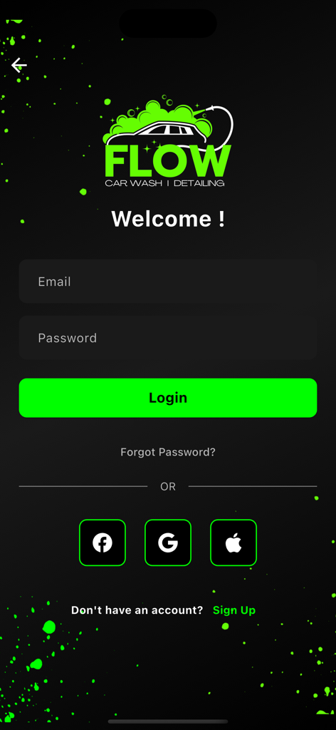 Flow Car Wash - Flow Car Wash login screen with email and social media sign in options