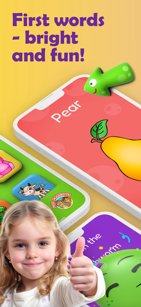 123 Fun FLASHCARDS Games - A smiling young girl giving a thumbs up next to colorful educational flashcard app screens for toddlers