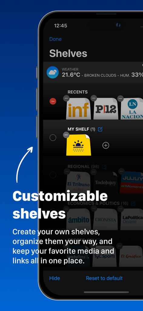 Captura de tela do iPhone do aplicativo Jornais Argentinos mostrando o recurso de prateleiras personalizáveis para organizar fontes de notícias por categoria.