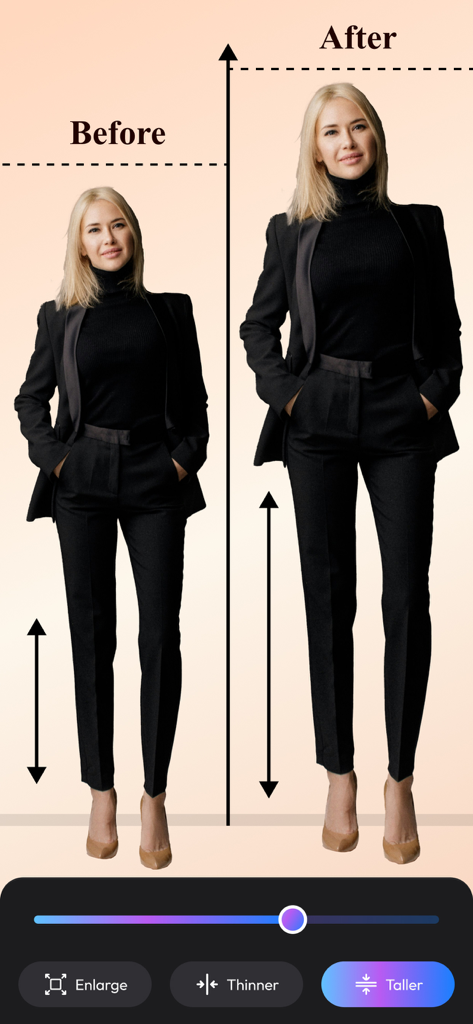 Before and after comparison of a woman using the taller tool in the Make Me Slim AI body shape app