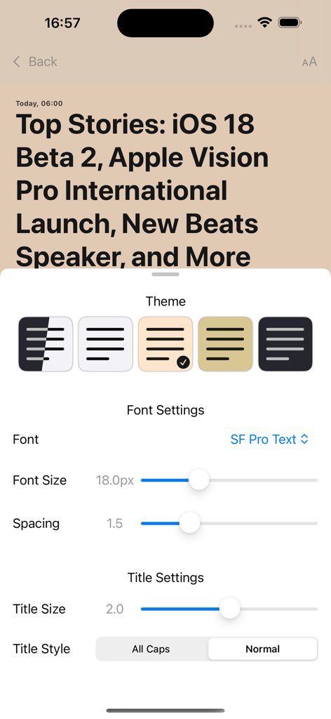 Customizing fonts and themes in the Feed Fluent RSS reader app