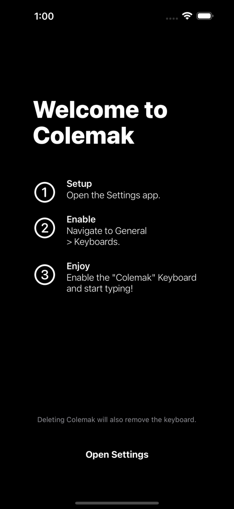 Colemak - Welcome screen of the Colemak app explaining the three-step setup process to enable the keyboard layout in iOS settings.