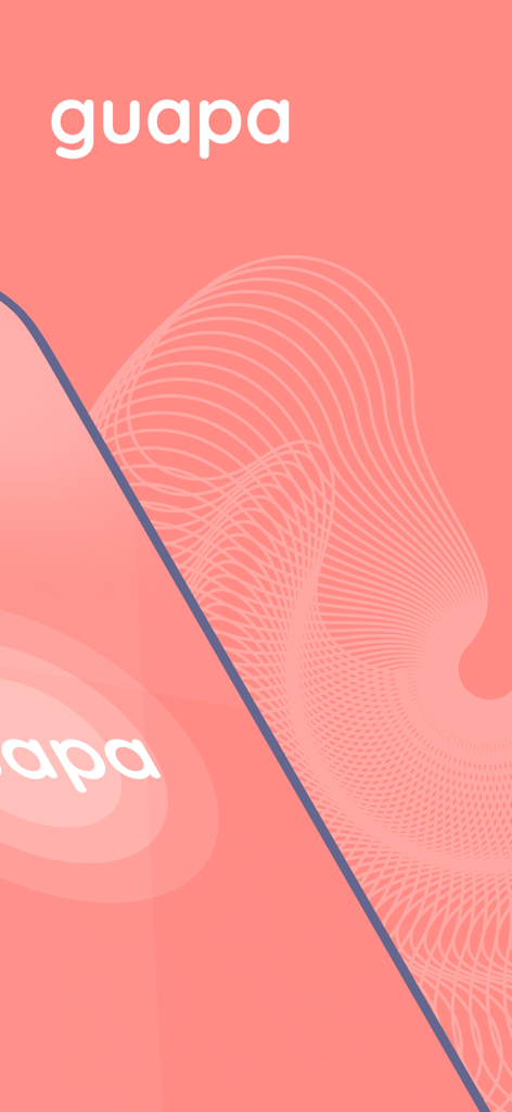 Guapa - Pantalla de inicio de la aplicación Guapa con logo blanco y patrones de líneas abstractas sobre un fondo coral.