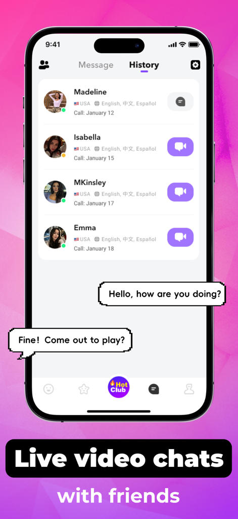 Kissアプリの履歴画面に、ユーザープロフィールとビデオチャットオプションが表示されています。
