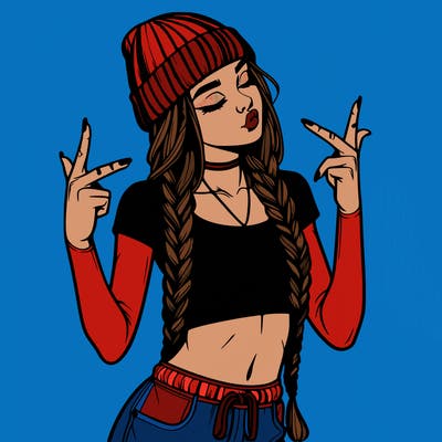 realistic teenage girl with braids and a beanie and crop top doing 🫶🏼