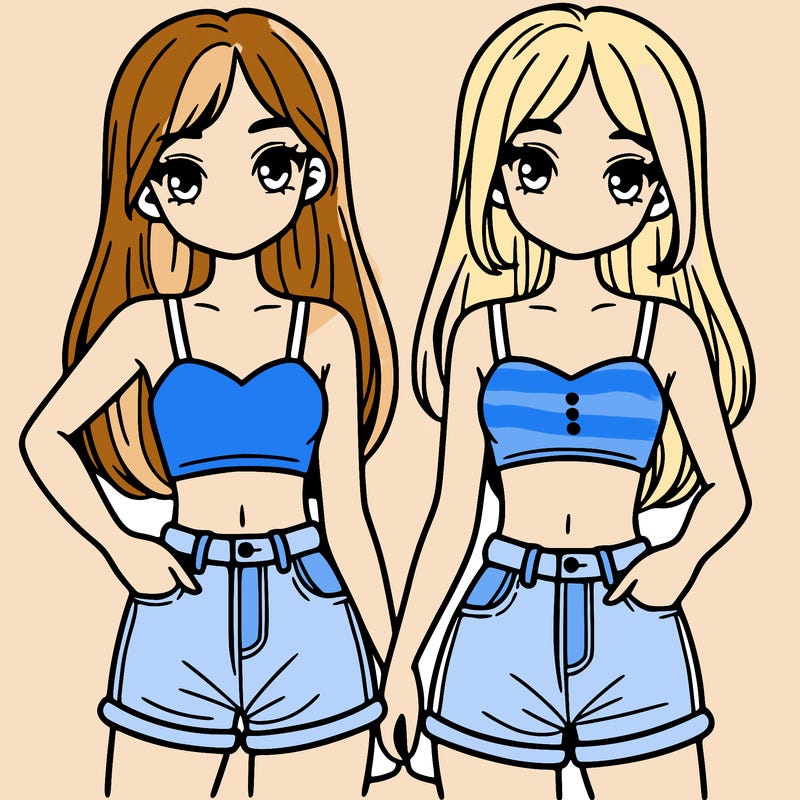 two sisters with crop tops and jean shorts and straight hair