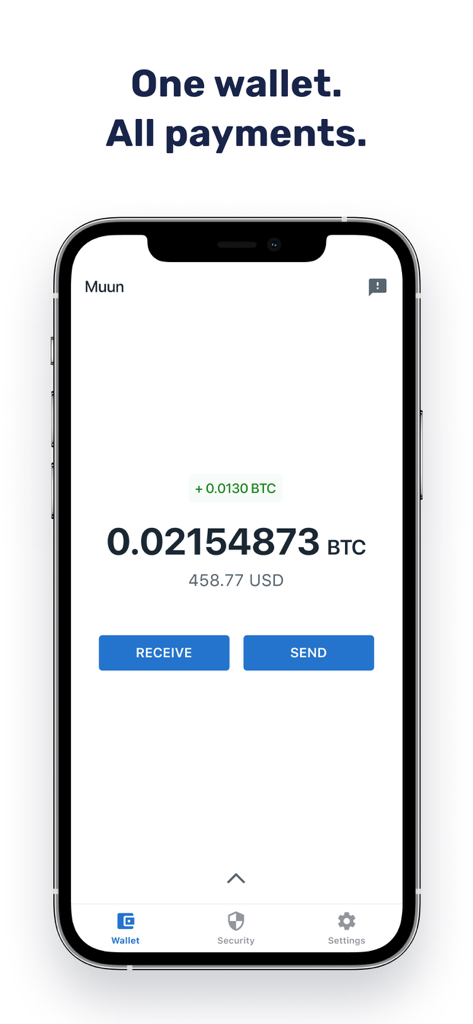 Muun Wallet mobile app interface showing a bitcoin balance with send and receive buttons