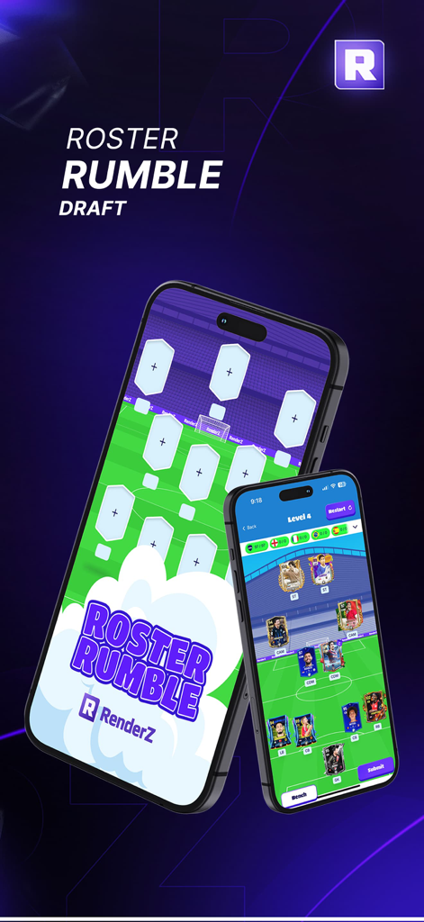 RenderZ: FC Mobile 25 Database - RenderZ App-Oberfläche, die den Roster Rumble Draft und die Fußball-Kaderbauerfunktion zeigt